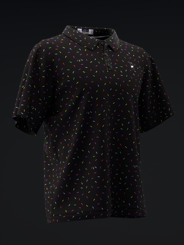 Black bowling polo with neon multicolored sprinkle pattern throughout, front view