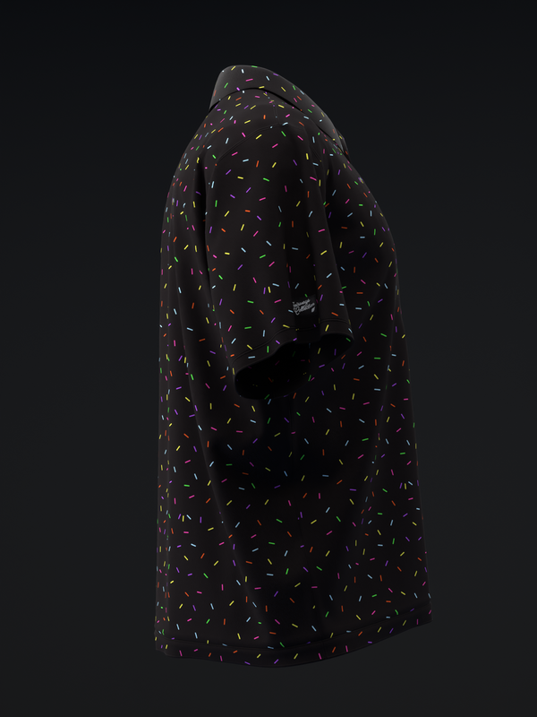 Black bowling polo with colorful neon sprinkle pattern throughout, side view