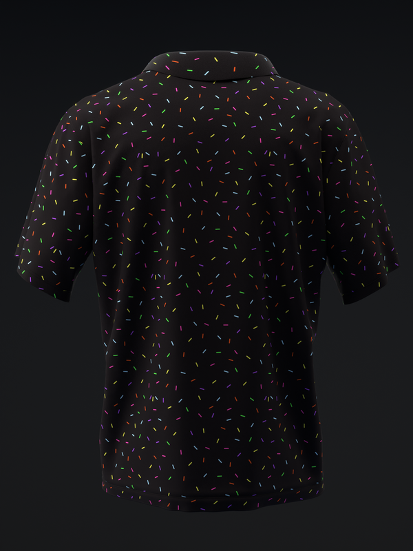 Black bowling polo with colorful sprinkle pattern throughout, back view