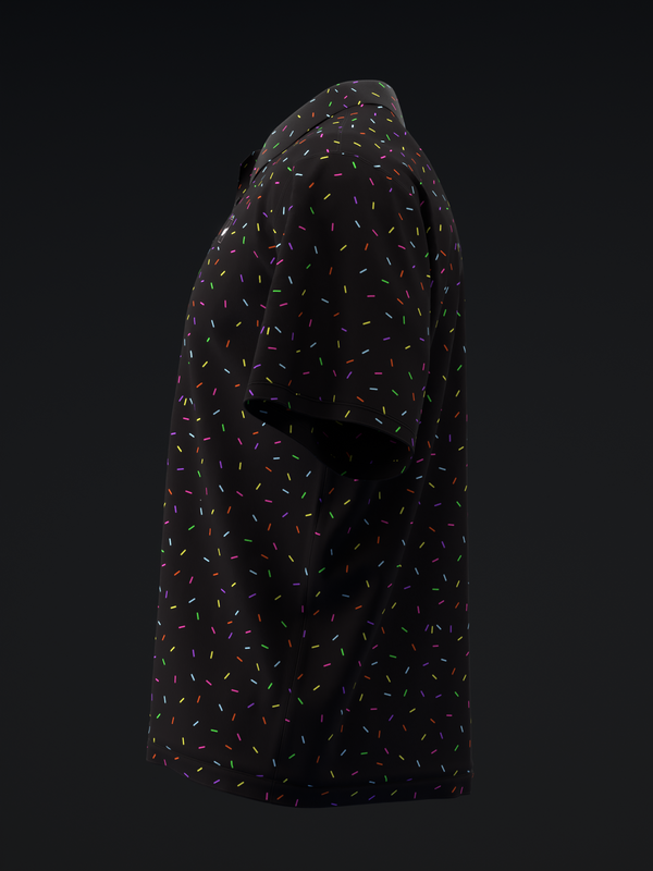 Black polo shirt with multicolored sprinkles pattern, side view