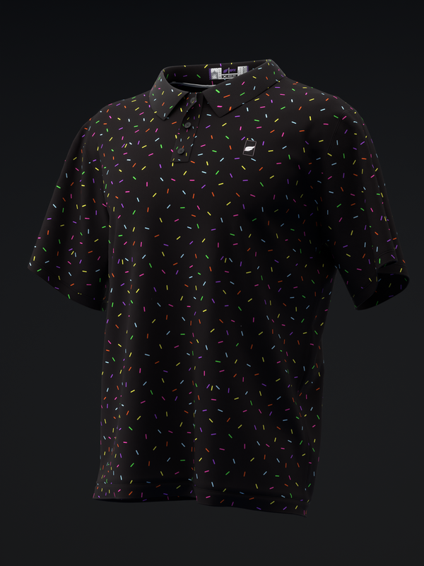 Black bowling polo with colorful scattered sprinkle confetti pattern throughout