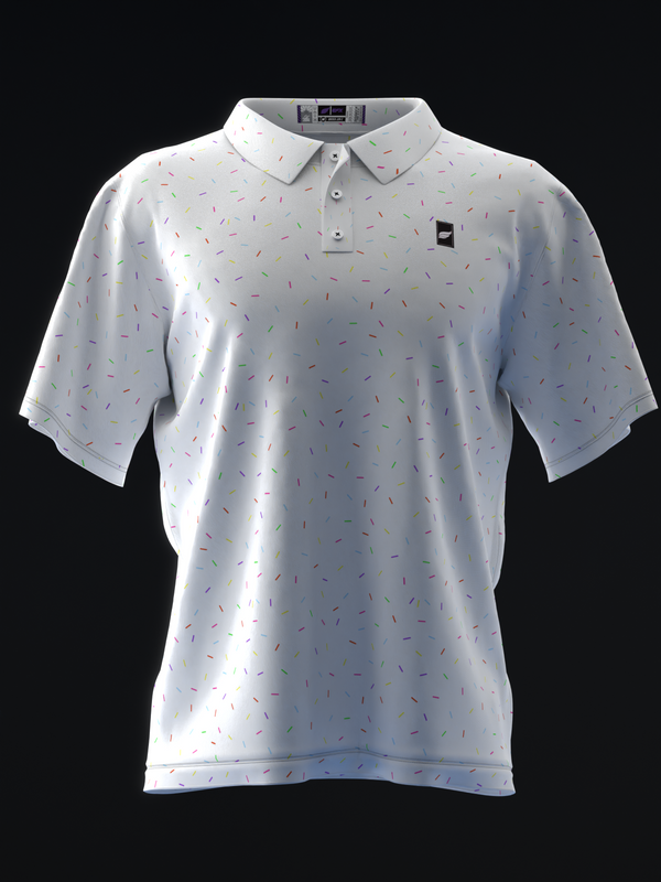 White polo shirt with multicolored sprinkle pattern throughout, front view