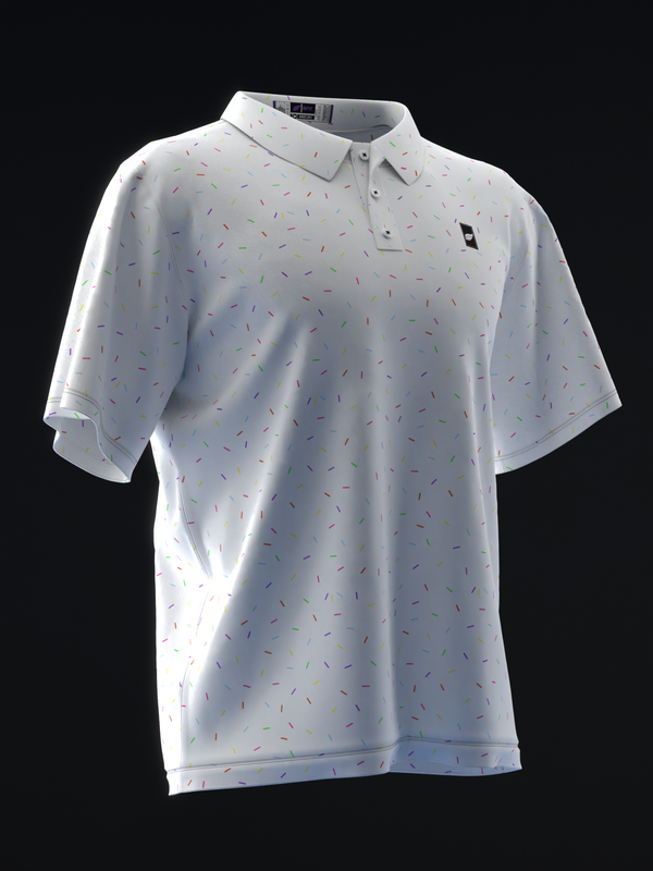 White polo shirt with scattered colorful dashes throughout, front view