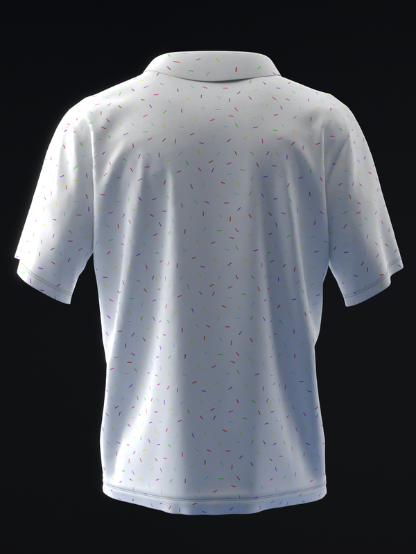 White polo shirt with colorful confetti sprinkles pattern, back view
