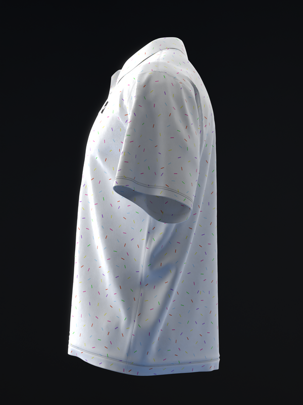 White bowling polo with colorful sprinkle pattern, side view