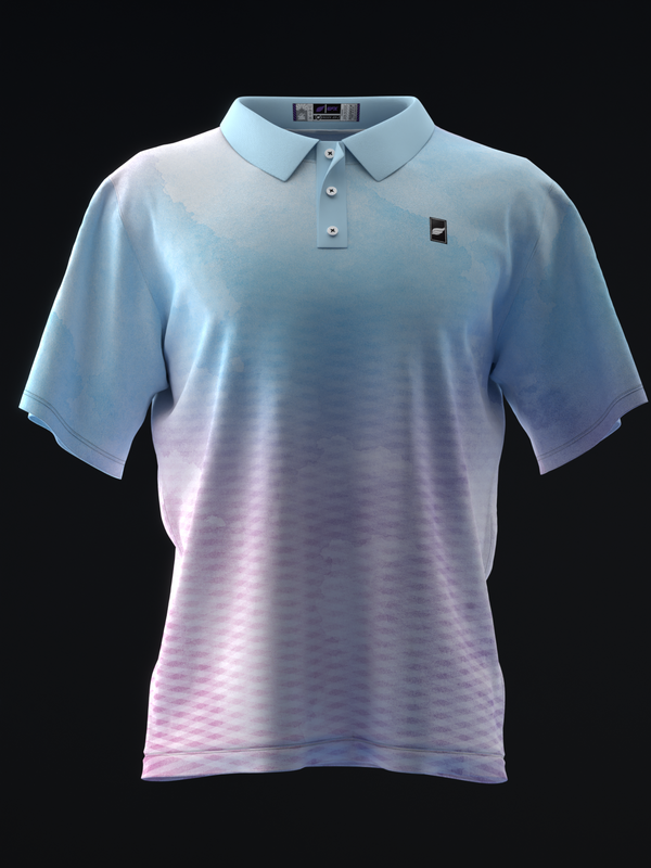 Light blue to pink ombre polo shirt with small chest logo, front view