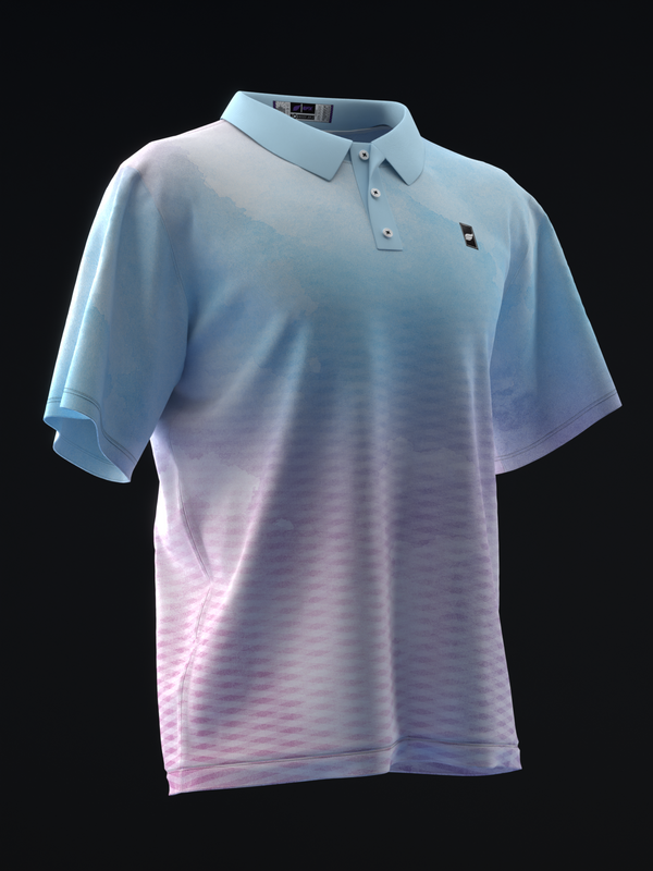 Light blue and pink ombre polo shirt with textured horizontal stripe pattern