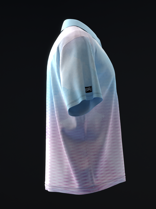 Light blue and pink watercolor striped bowling polo, side view