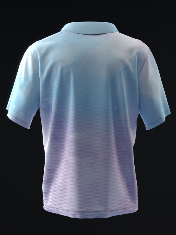 Back view of light blue to lavender ombre polo shirt with textured pattern