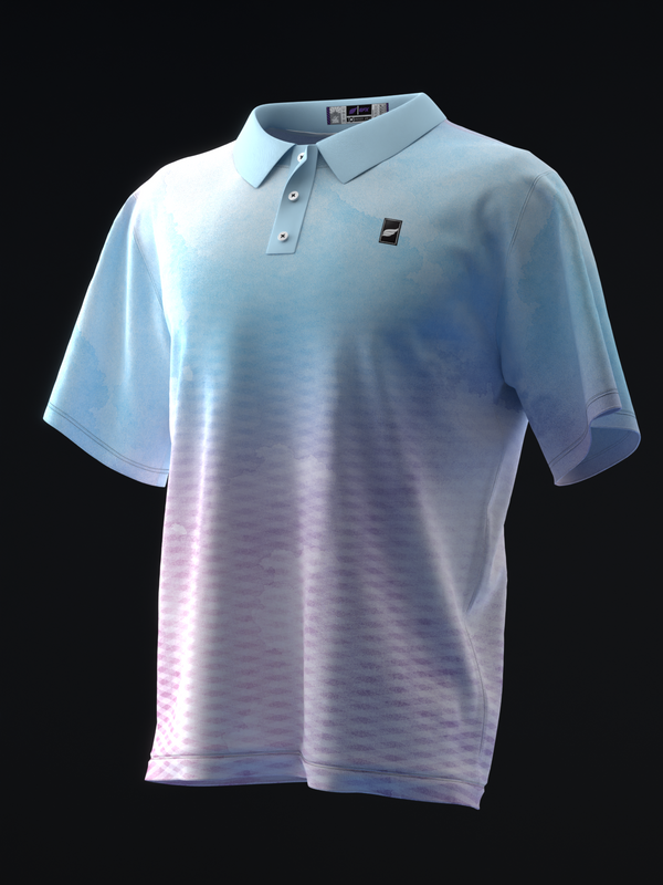 Light blue polo shirt with watercolor pink-to-blue gradient on lower half, front view