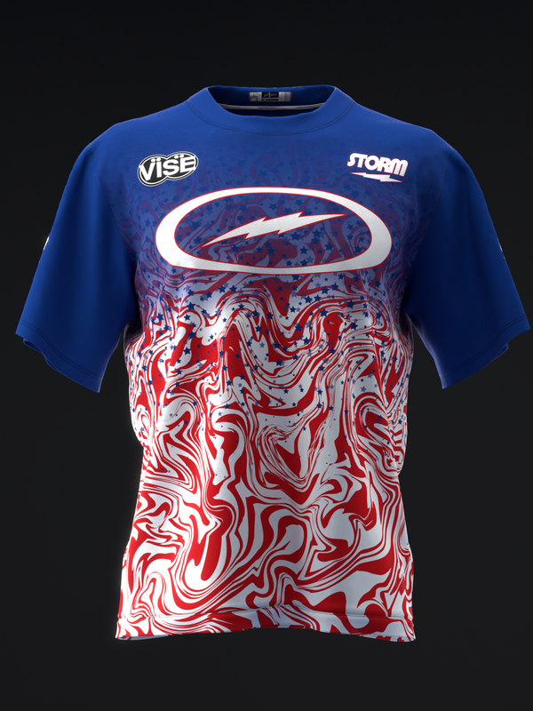 Blue and red bowling jersey with white oval logo and swirl pattern