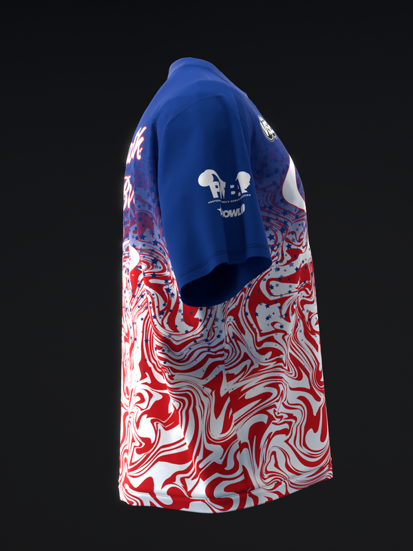 Blue and red swirled bowling jersey with white graphic detail, back view