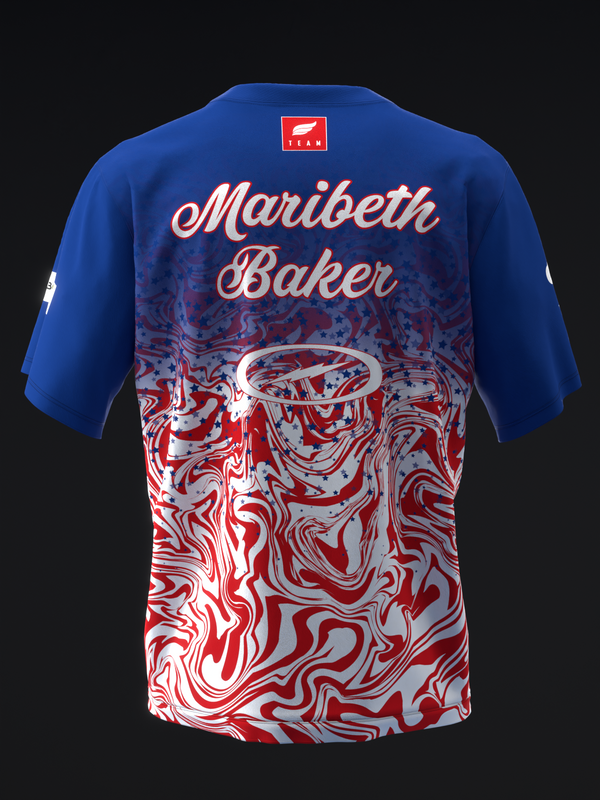 Blue and red bowling jersey with swirled marble pattern and script name back view