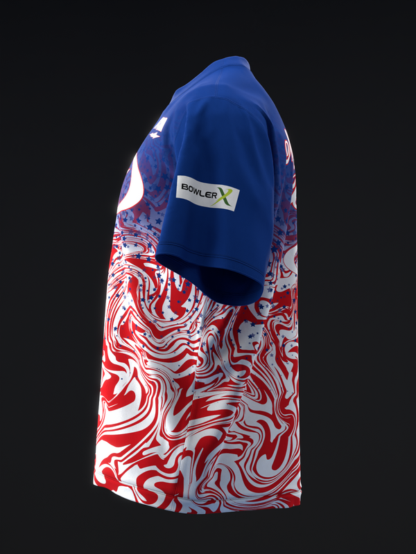 Blue and red bowling jersey with swirled liquid pattern design, three-quarter view