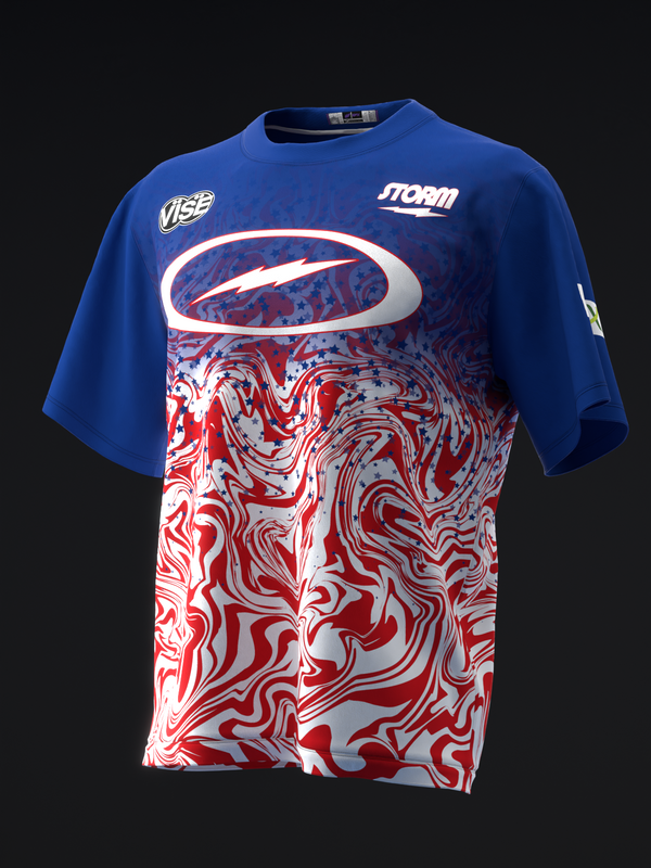 Blue bowling jersey with red and white liquid swirl pattern, front view