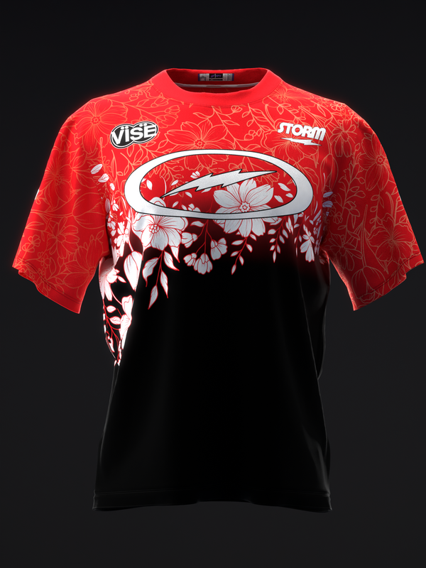 Red and black bowling jersey with floral design and white oval logo