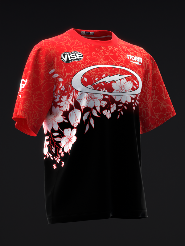Red and black bowling jersey with white floral design and shark graphic front view