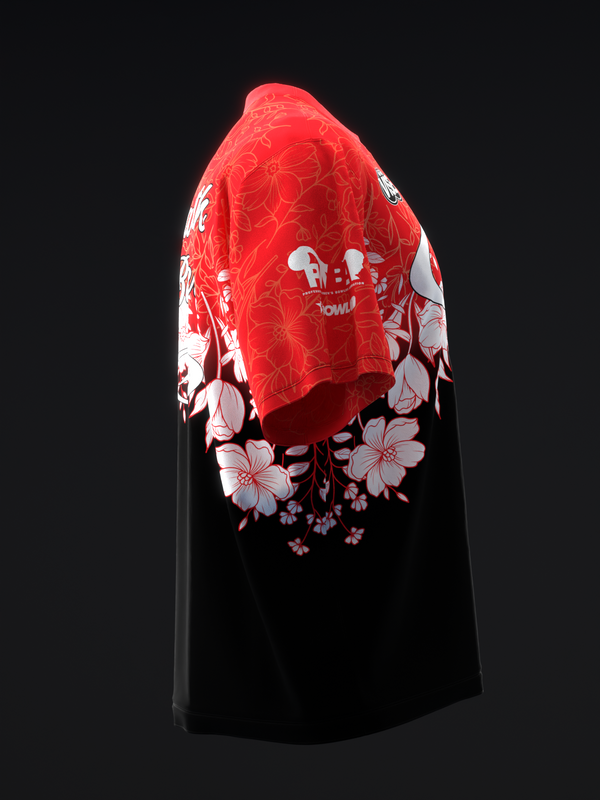Red and black bowling jersey with floral design and white graphics, back view