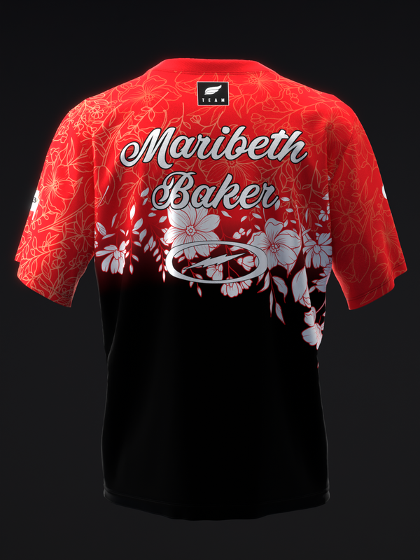 Back view of bowling jersey with red floral pattern upper and black lower body