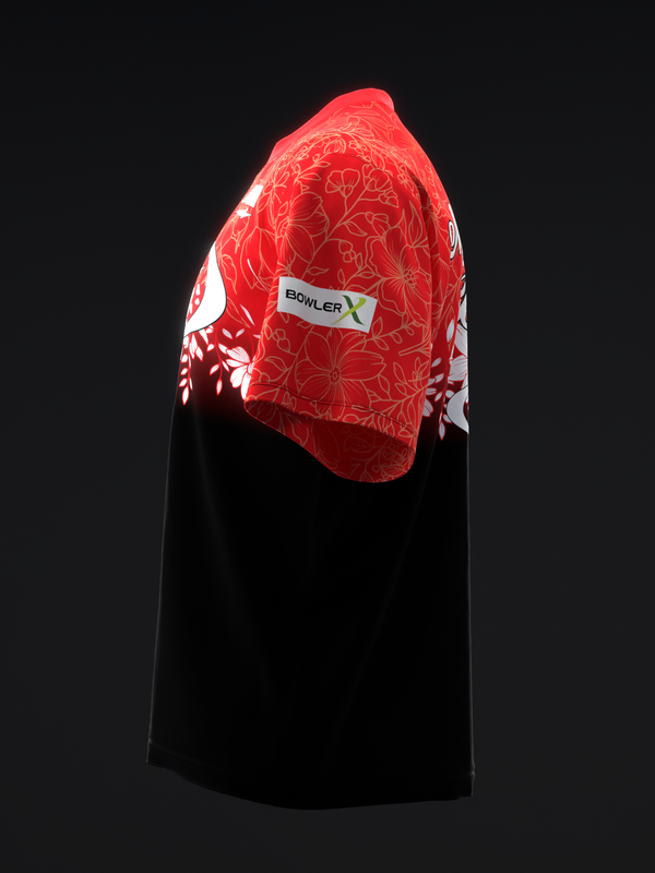 Red bowling jersey with floral pattern and black sleeves, front view