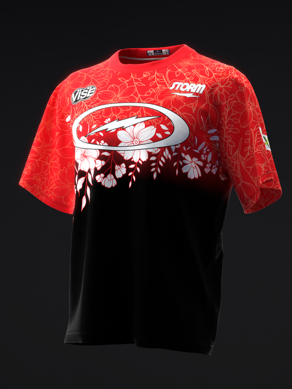 Red and black bowling jersey with floral pattern and white graphic design
