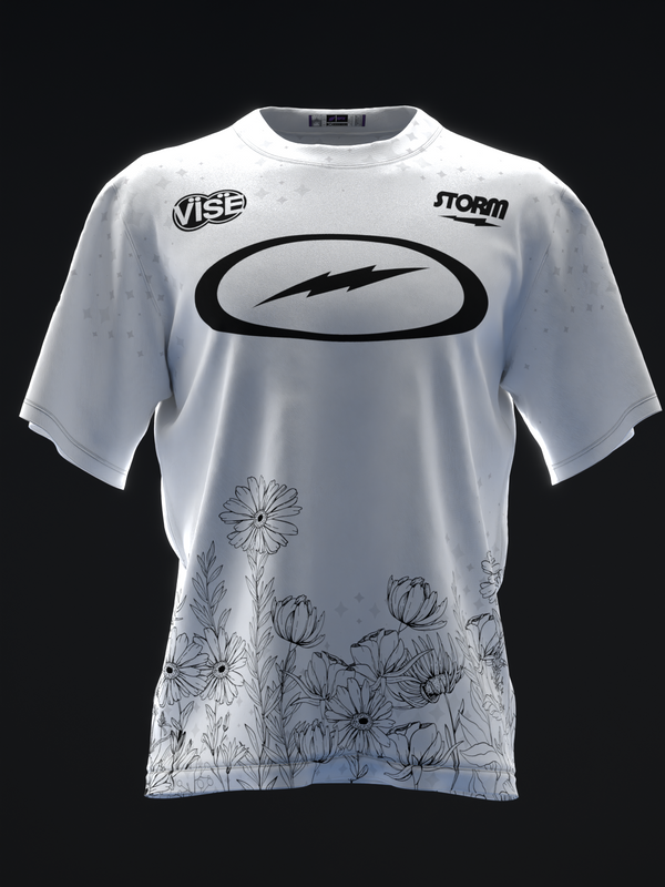 White bowling jersey with black oval logo and flower sketch design on lower front