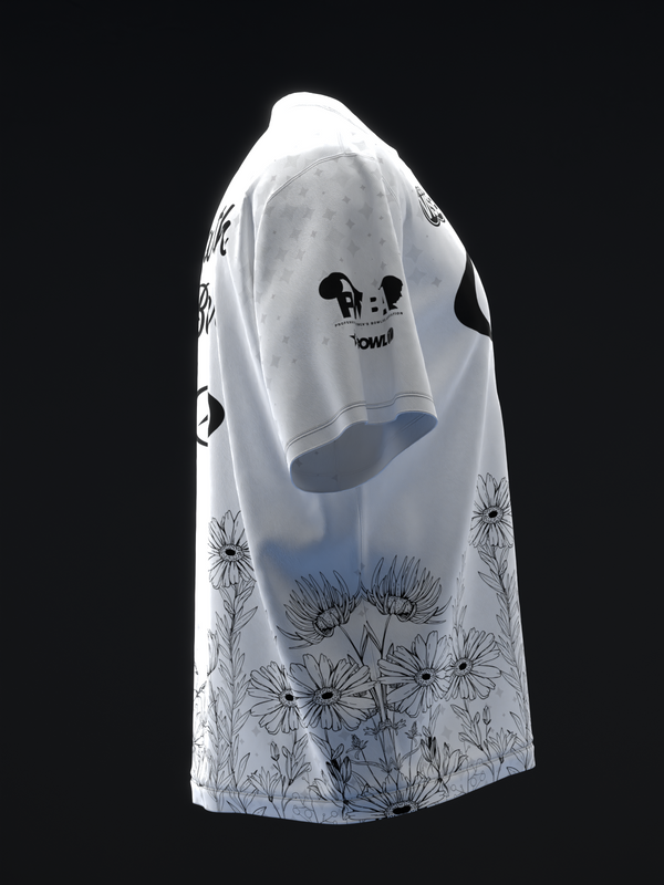 White bowling jersey with black daisy flower graphics on lower half