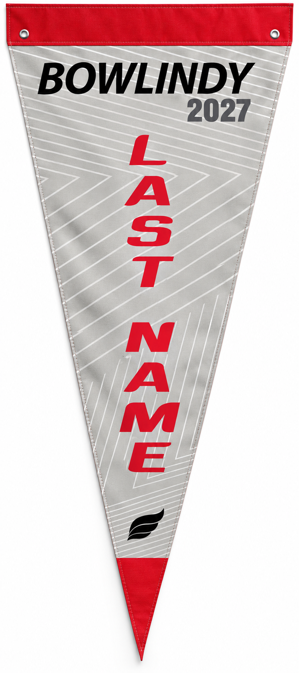 Gray and red bowling pennant with BOWLINDY 2027 and Last Name text
