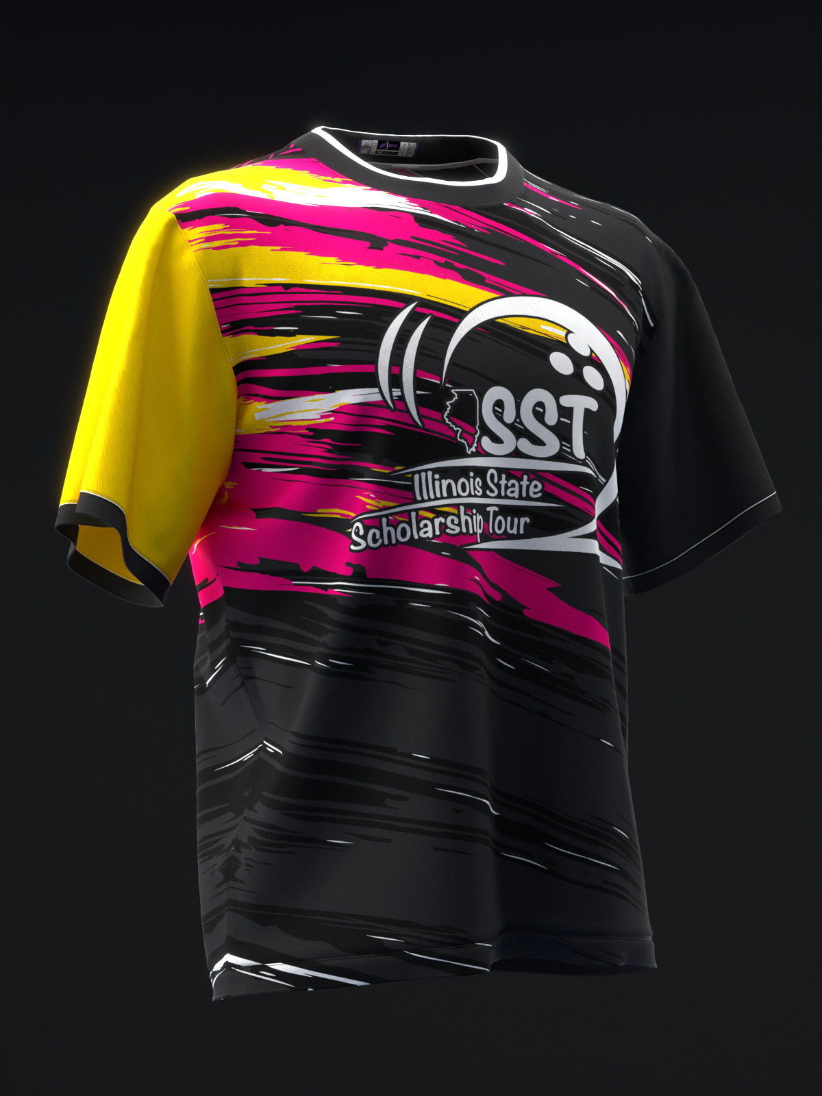 Black bowling jersey with pink, magenta, and yellow streaked design and white graphic logo