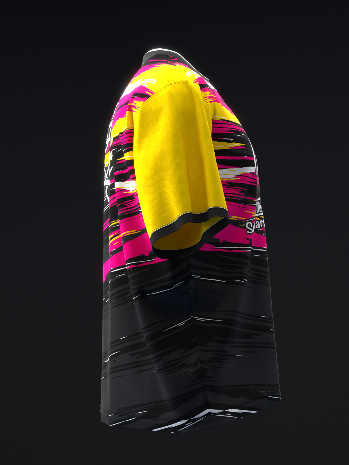 Bowling jersey in yellow, hot pink, and black with horizontal stripe pattern, front view
