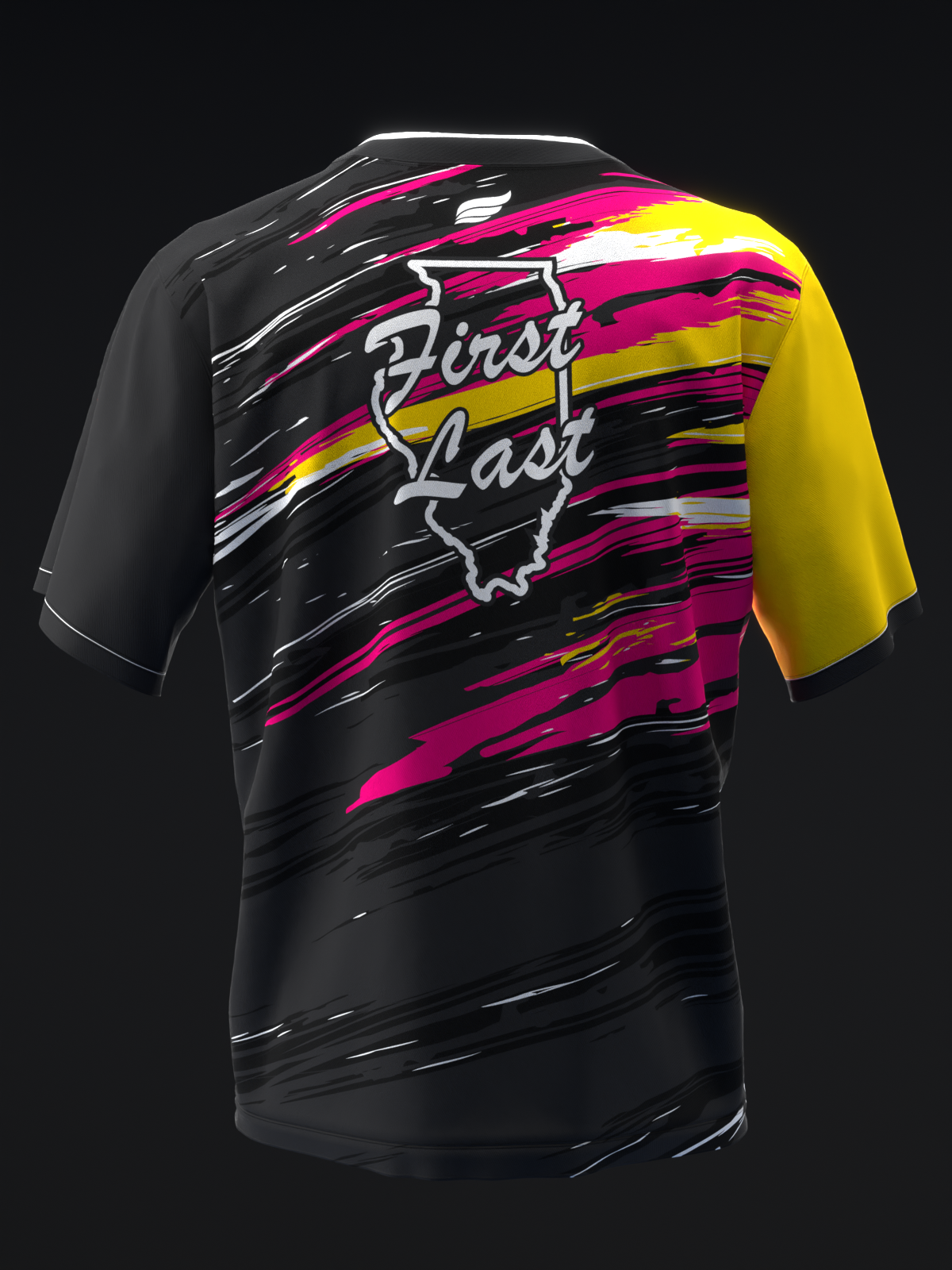 Black bowling jersey with pink and yellow striped design and Illinois outline graphic, front view