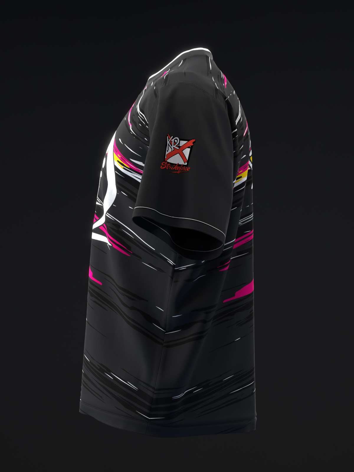 Black bowling jersey with pink and white striped sleeves and red logo on chest
