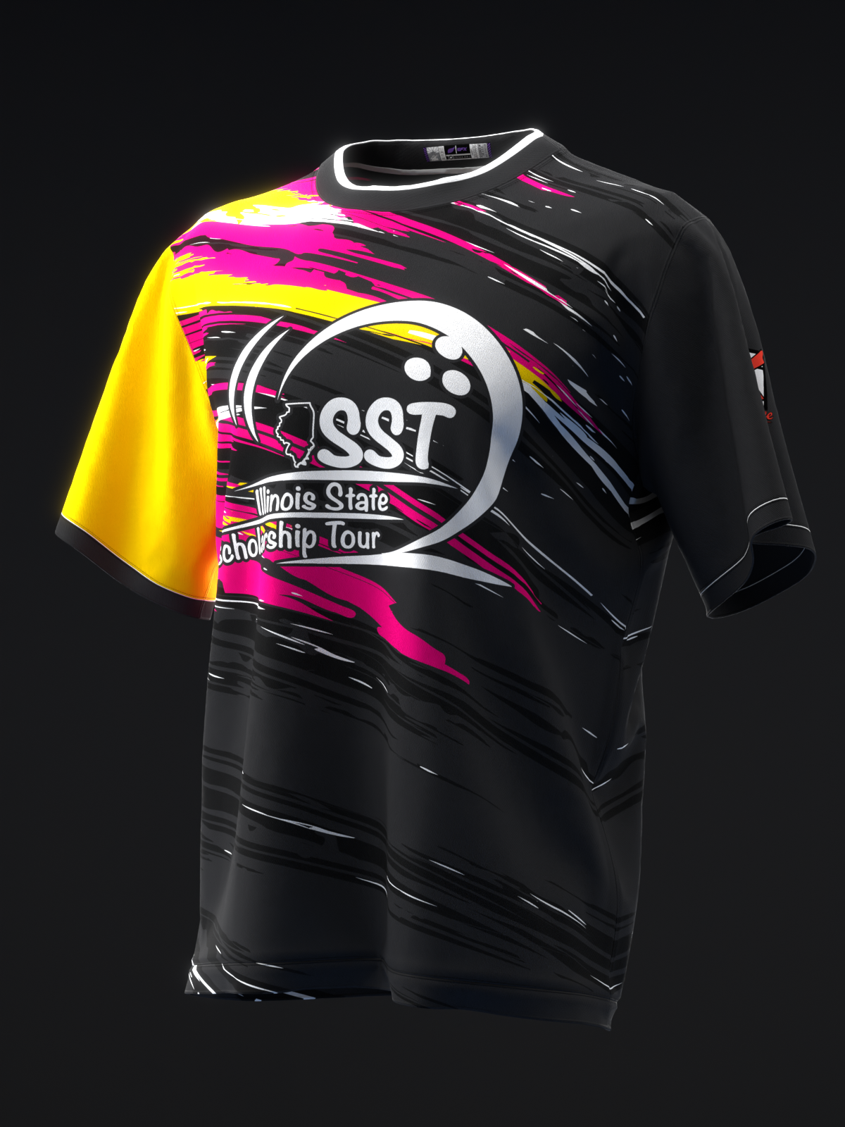 Black bowling jersey with pink, magenta, and yellow lightning graphic design and ISST logo