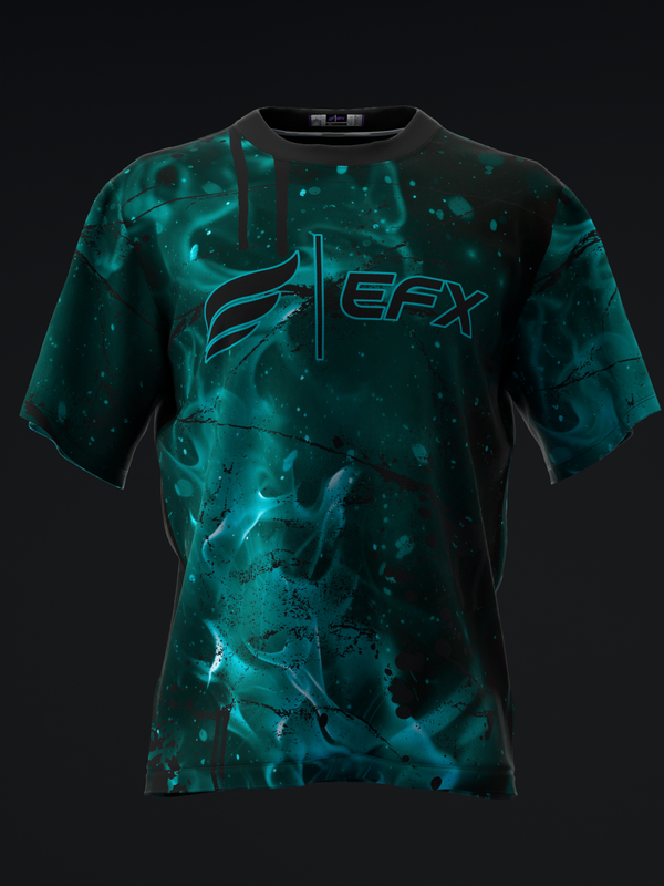 Front view bowling jersey in teal with abstract splatter pattern and EFX logo