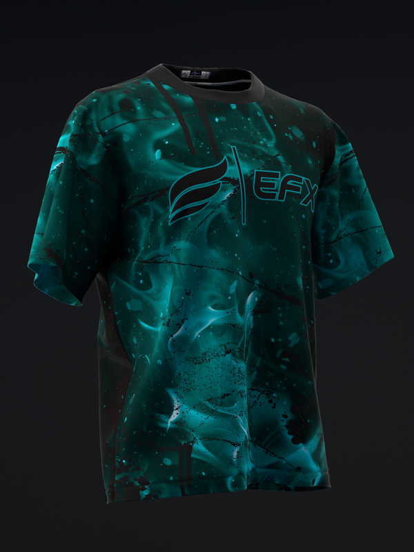 Teal tie-dye bowling jersey with EFX logo, front view on dark background