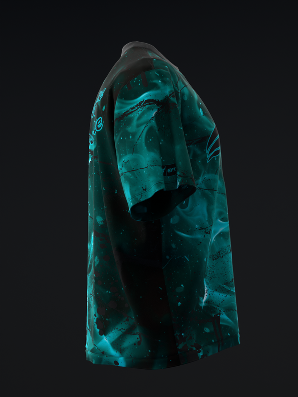 Teal and black bowling jersey with abstract aquatic graphic design, side view