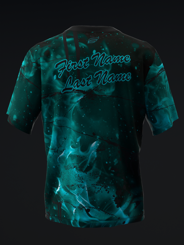 Back view of teal bowling jersey with abstract splatter pattern and personalized name lines