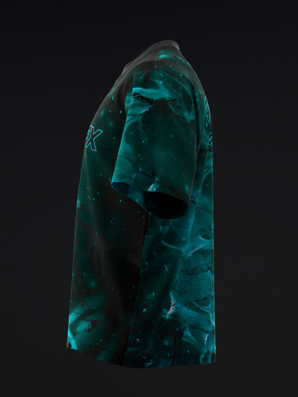 Teal and black splatter pattern bowling jersey, side view shown