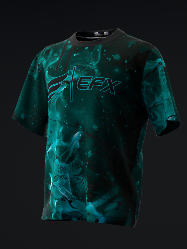 Teal and black tie-dye bowling jersey with EFX logo front view