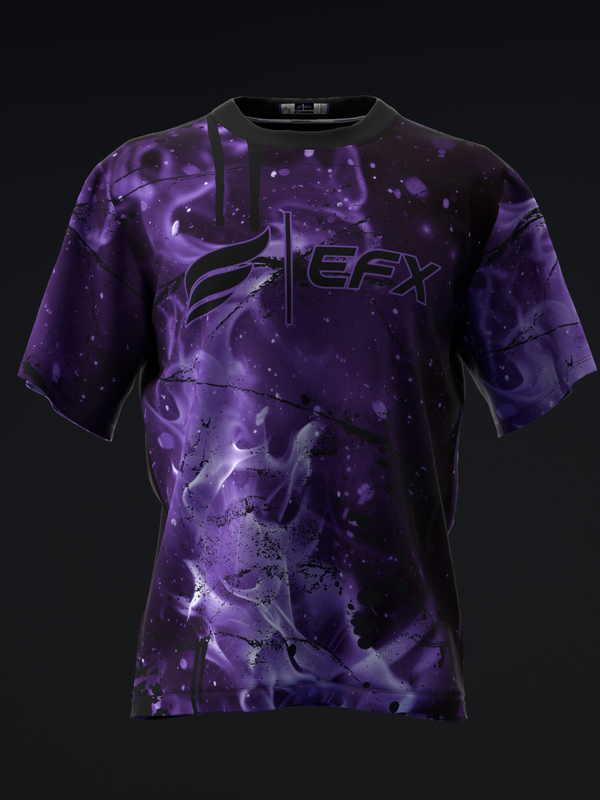 Purple and black tie-dye bowling jersey with EFX logo, front view