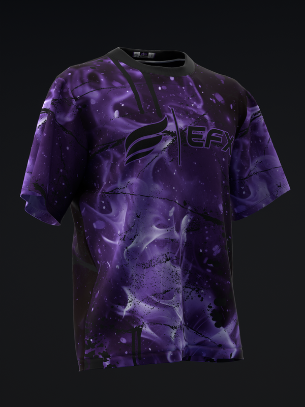 Purple and black tie-dye bowling jersey with EFX logo, front view