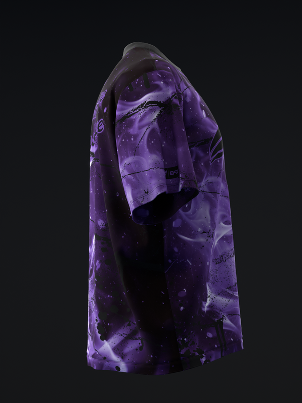 Purple and black tie-dye bowling jersey displayed on side view