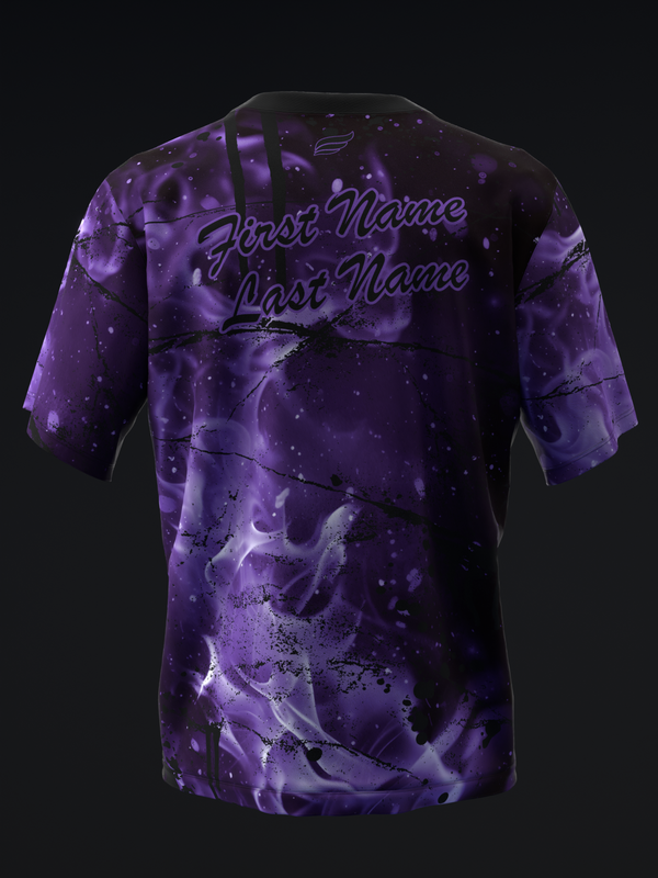 Purple tie-dye bowling jersey with personalization text and cosmic splatter design