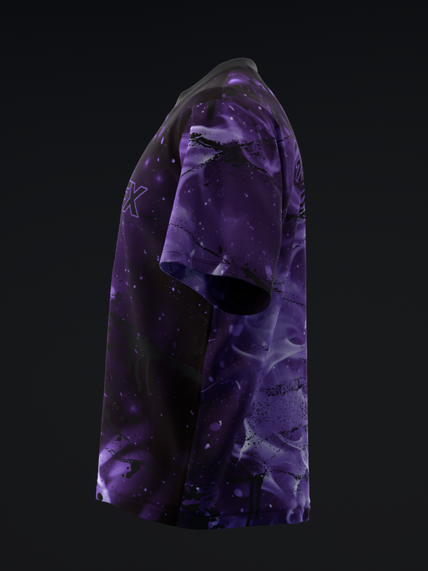 Purple marble bowling jersey with abstract splatter pattern, side view