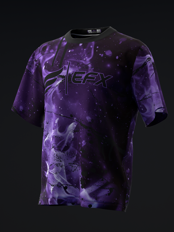 Purple and black tie-dye bowling jersey with EFX graphic on front