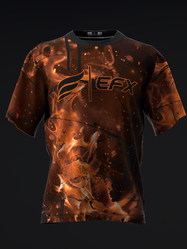 Bowling jersey with orange and black fire graphic pattern on front view