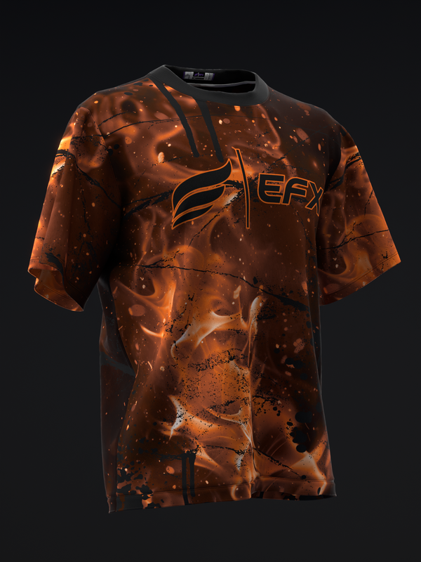 Black and orange tie-dye bowling jersey with EFX logo, front view