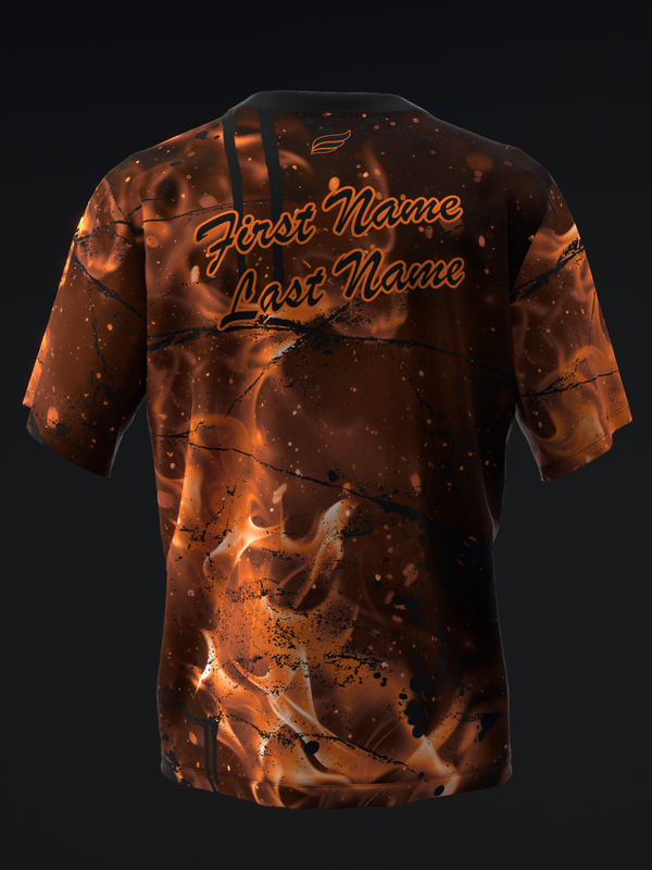 Brown and orange marble tie-dye bowling jersey back with customizable name text
