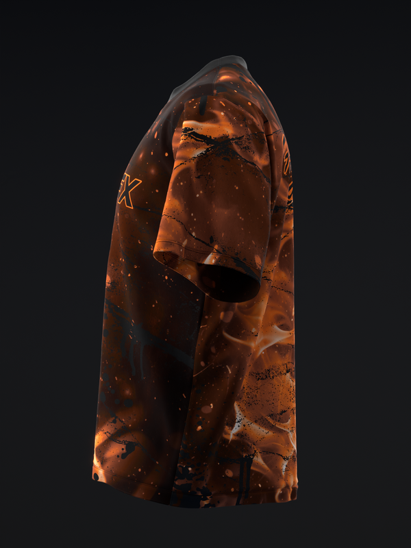 Brown bowling jersey with orange splatter pattern and orange K logo visible