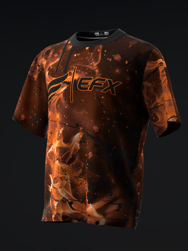 Black and orange tie-dye bowling jersey with EFX logo, front view